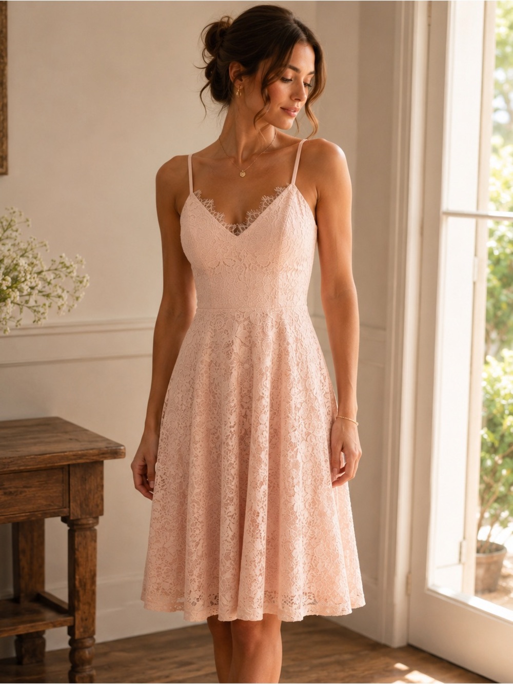 Lulus Blush Pink Floral Lace A-Line Midi Dress Eyelash V Neck Size S